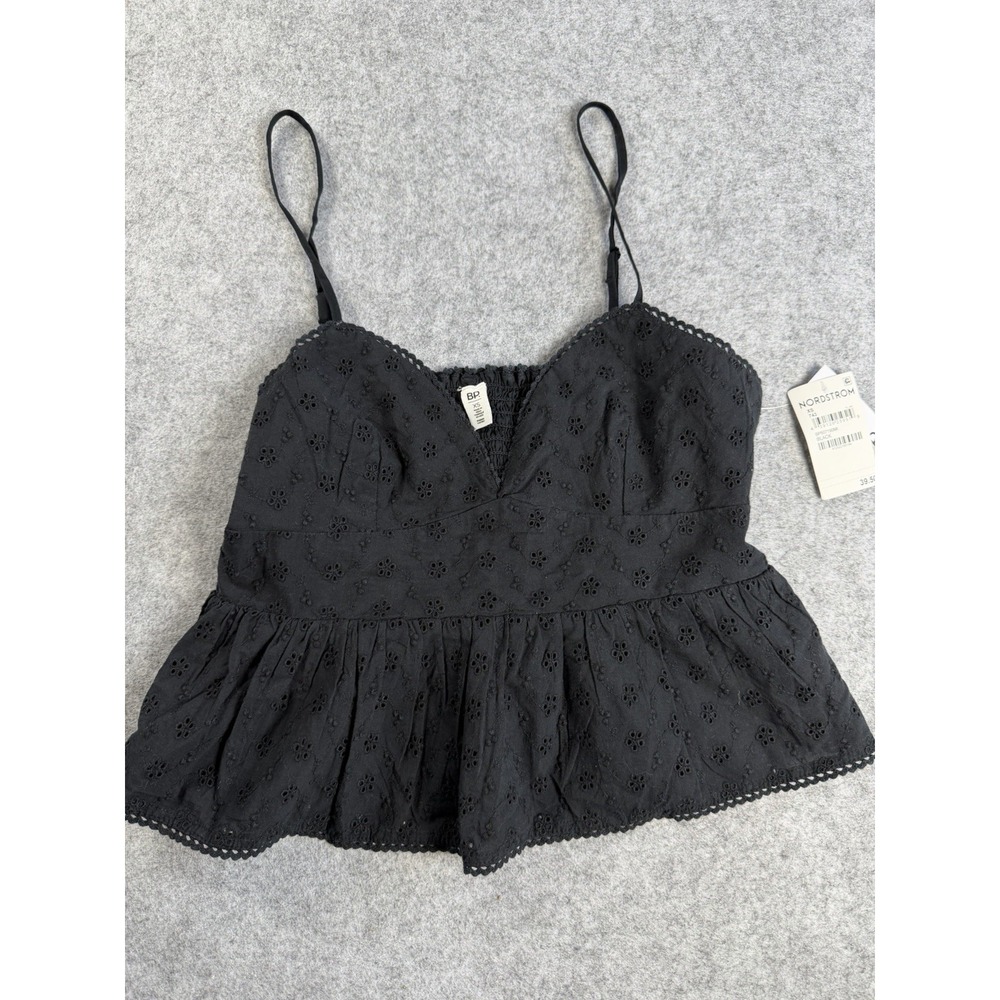 BP Womens XS Black‎ Cropped Eyelet Embroidered V Neck Peplum Camisole Top Boho